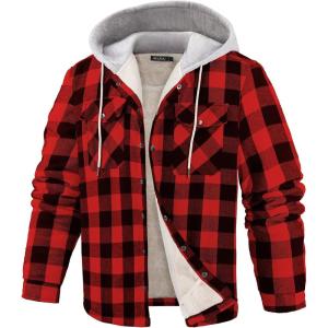 imageWULFUL Mens Flannel Plaid Shirts Jacket Fleece Lined Winter Shirts Soft Warm Coat with Hood for MenRed798