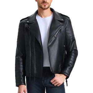 imageWULFUL Mens Leather Jackets Faux Bomber Jacket for Men Motorcycle Lapel Asymmetric ZipUp Slim Fit Biker CoatBlack007