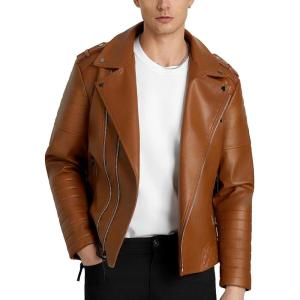 imageWULFUL Mens Leather Jackets Faux Bomber Jacket for Men Motorcycle Lapel Asymmetric ZipUp Slim Fit Biker CoatBrown007