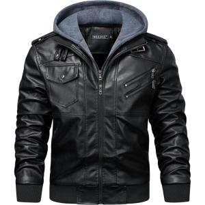 imageWULFUL Mens Leather Jackets Faux Leather Jacket for Men Lapel ZipUp Slim Fit CoatBlack022