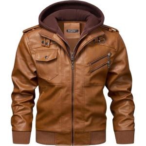 imageWULFUL Mens Leather Jackets Faux Leather Jacket for Men Lapel ZipUp Slim Fit CoatBrown022