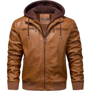 imageWULFUL Mens Leather Jackets Faux Leather Jacket for Men Lapel ZipUp Slim Fit CoatBrown025