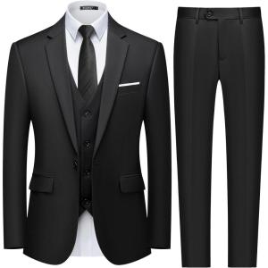imageWULFUL Mens Slim Fit 3 Piece Suit One Button Solid Blazer Business Party Jacket Vest Pants SetBlack