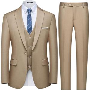 imageWULFUL Mens Slim Fit 3 Piece Suit One Button Solid Blazer Business Party Jacket Vest Pants SetBrown