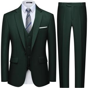 imageWULFUL Mens Slim Fit 3 Piece Suit One Button Solid Blazer Business Party Jacket Vest Pants SetDark Green