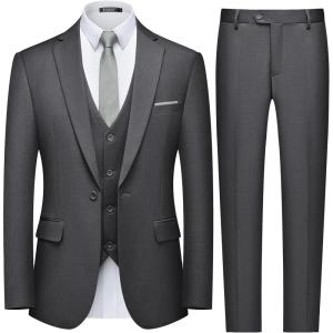 imageWULFUL Mens Slim Fit 3 Piece Suit One Button Solid Blazer Business Party Jacket Vest Pants SetDark Grey
