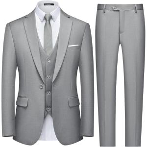 imageWULFUL Mens Slim Fit 3 Piece Suit One Button Solid Blazer Business Party Jacket Vest Pants SetGrey