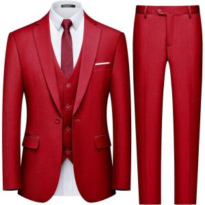 imageWULFUL Mens Slim Fit 3 Piece Suit One Button Solid Blazer Business Party Jacket Vest Pants SetRed