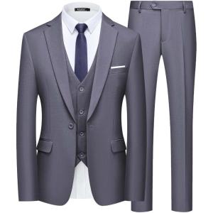 imageWULFUL Mens Slim Fit Suit One Button 3Piece Blazer Dress Business Wedding Party Jacket Vest ampamp PantDark Grey
