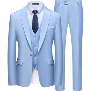 imageWULFUL Mens Slim Fit Suit One Button 3Piece Blazer Dress Business Wedding Party Jacket Vest ampamp PantLight Blue