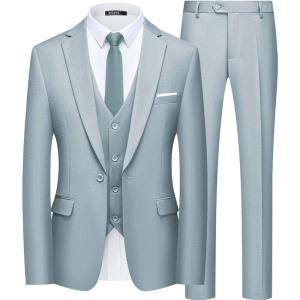 imageWULFUL Mens Slim Fit Suit One Button 3Piece Blazer Dress Business Wedding Party Jacket Vest ampamp PantLight Blue055