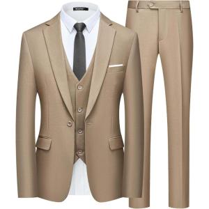 imageWULFUL Mens Slim Fit Suit One Button 3Piece Blazer Dress Business Wedding Party Jacket Vest ampamp PantLight Brown