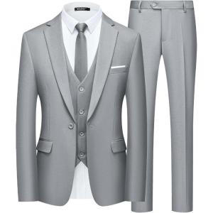 imageWULFUL Mens Slim Fit Suit One Button 3Piece Blazer Dress Business Wedding Party Jacket Vest ampamp PantLight Grey