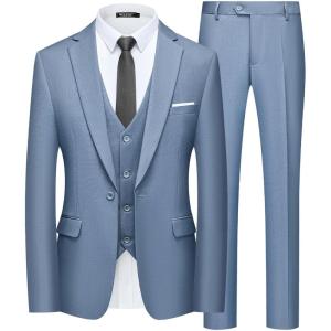 imageWULFUL Mens Slim Fit Suit One Button 3Piece Blazer Dress Business Wedding Party Jacket Vest ampamp PantNewblue