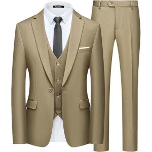imageWULFUL Mens Slim Fit Suit One Button 3Piece Blazer Dress Business Wedding Party Jacket Vest ampamp PantNewkhaki