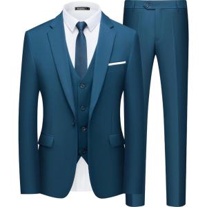 imageWULFUL Mens Slim Fit Suit One Button 3Piece Blazer Dress Business Wedding Party Jacket Vest ampamp PantTeal Blue