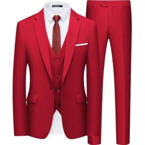 imageWULFUL Mens Slim Fit Suit One Button 3Piece Blazer Dress Business Wedding Party Jacket Vest ampamp PantWine Red