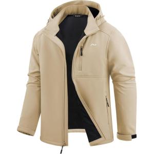 imageWULFUL Mens Softshell Jacket Waterproof Lightweight Insulated Windbreaker Fleece Lined Rain Shell Jacket for Hiking TravelKhaki