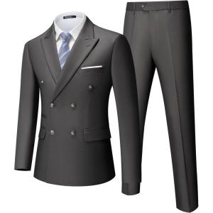 imageWULFUL Mens Suits Slim Fit 2 Piece Double Breasted Suit Men Tuxedo Blazer Jacket and Dress Pants Set for Business WeddingDark Grey
