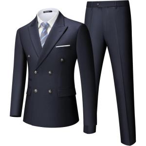imageWULFUL Mens Suits Slim Fit 2 Piece Double Breasted Suit Men Tuxedo Blazer Jacket and Dress Pants Set for Business WeddingDeep Navy