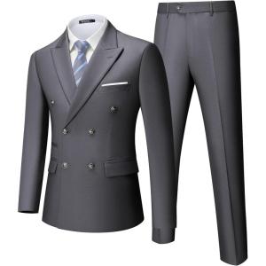 imageWULFUL Mens Suits Slim Fit 2 Piece Double Breasted Suit Men Tuxedo Blazer Jacket and Dress Pants Set for Business WeddingGrey