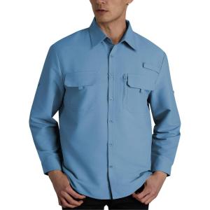 imageWULFUL Mens Sun Protection Fishing Shirts UPF 50 UV Lightweight Quick Dry Cooling Button Down Shirts for Work Hiking SafariBlue