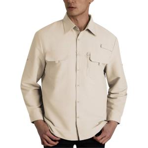 imageWULFUL Mens Sun Protection Fishing Shirts UPF 50 UV Lightweight Quick Dry Cooling Button Down Shirts for Work Hiking SafariKhaki