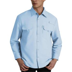 imageWULFUL Mens Sun Protection Fishing Shirts UPF 50 UV Lightweight Quick Dry Cooling Button Down Shirts for Work Hiking SafariLight Blue