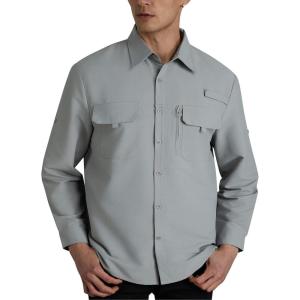 imageWULFUL Mens Sun Protection Fishing Shirts UPF 50 UV Lightweight Quick Dry Cooling Button Down Shirts for Work Hiking SafariLight Grey