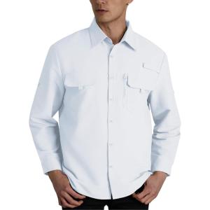 imageWULFUL Mens Sun Protection Fishing Shirts UPF 50 UV Lightweight Quick Dry Cooling Button Down Shirts for Work Hiking SafariWhite