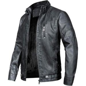imageWULFUL Mens Vintage Stand Collar Leather Jacket Motorcycle PU Jacket and CoatBlack 2