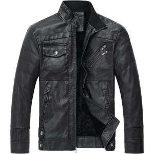 imageWULFUL Mens Vintage Stand Collar Leather Jacket Motorcycle PU Jacket and CoatBlack8833