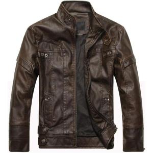 imageWULFUL Mens Vintage Stand Collar Leather Jacket Motorcycle PU Jacket and CoatBrown 1