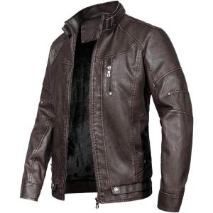 imageWULFUL Mens Vintage Stand Collar Leather Jacket Motorcycle PU Jacket and CoatBrown 2