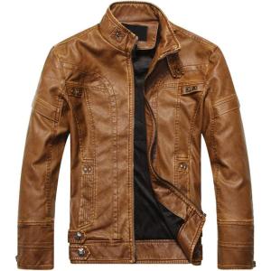 imageWULFUL Mens Vintage Stand Collar Leather Jacket Motorcycle PU Jacket and CoatKhaki 1