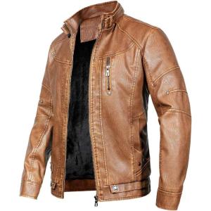 imageWULFUL Mens Vintage Stand Collar Leather Jacket Motorcycle PU Jacket and CoatKhaki 2