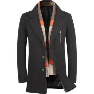 imageWULFUL Mens Wool Blend Winter Coat Slim Fit Short Trenchcoat Warm Business Jacket with Detachable Soft Wool ScarfBlack 01