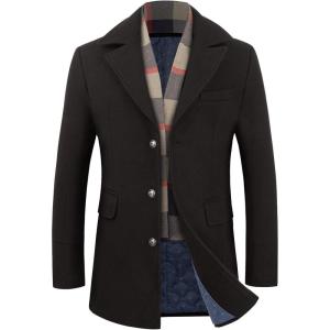 imageWULFUL Mens Wool Blend Winter Coat Slim Fit Short Trenchcoat Warm Business Jacket with Detachable Soft Wool ScarfBlack 02