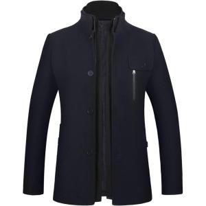 imageWULFUL Mens Wool Blend Winter Coat Slim Fit Short Trenchcoat Warm Business Jacket with Detachable Soft Wool ScarfBlack1718