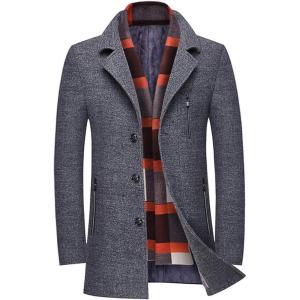 imageWULFUL Mens Wool Blend Winter Coat Slim Fit Short Trenchcoat Warm Business Jacket with Detachable Soft Wool ScarfGrey 01