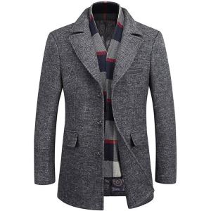 imageWULFUL Mens Wool Blend Winter Coat Slim Fit Short Trenchcoat Warm Business Jacket with Detachable Soft Wool ScarfGrey 02