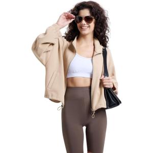 imageWULFUL Womens Full Zip Cropped Sweatshirt Long Sleeve Stand Collar Casual Jacket ShortKhaki
