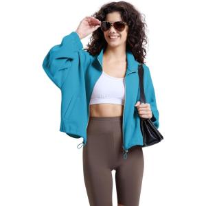 imageWULFUL Womens Full Zip Cropped Sweatshirt Long Sleeve Stand Collar Casual Jacket ShortTurquoise