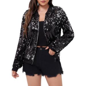 imageWULFUL Womens Sequin Jackets Sparkly Glitter Long Sleeve Front Zip Bomber Blazers Party CostumeBlacksilver