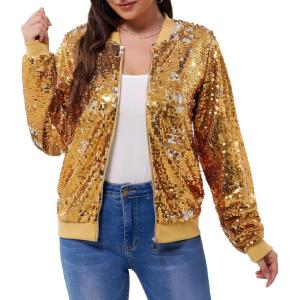 imageWULFUL Womens Sequin Jackets Sparkly Glitter Long Sleeve Front Zip Bomber Blazers Party CostumeGoldsliver