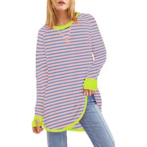 imageWULFUL Womens Striped Long Sleeve Tops Oversized Sweatshirt 2024 Fall Crewneck Casual Loose TShirts with Thumb HolesBlue Pink