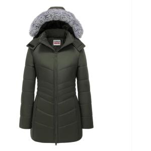imageWULFUL Womens Winter Coats Long Warm Thicken Puffer Jackets Outwear With Removable Fur HoodArmy Green