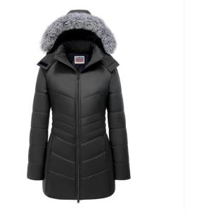 imageWULFUL Womens Winter Coats Long Warm Thicken Puffer Jackets Outwear With Removable Fur HoodBlack