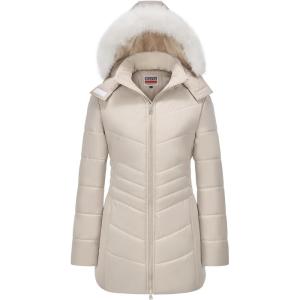 imageWULFUL Womens Winter Coats Long Warm Thicken Puffer Jackets Outwear With Removable Fur HoodKhaki