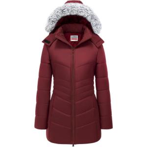 imageWULFUL Womens Winter Coats Long Warm Thicken Puffer Jackets Outwear With Removable Fur HoodWine Red